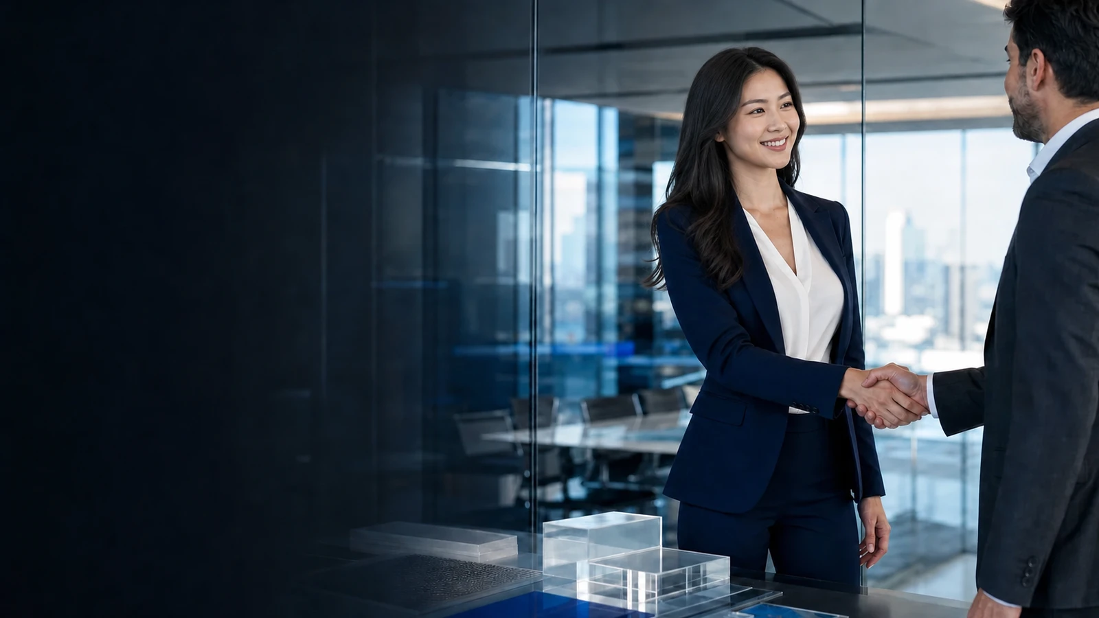 A businesswoman shaking hands with a client in a modern office